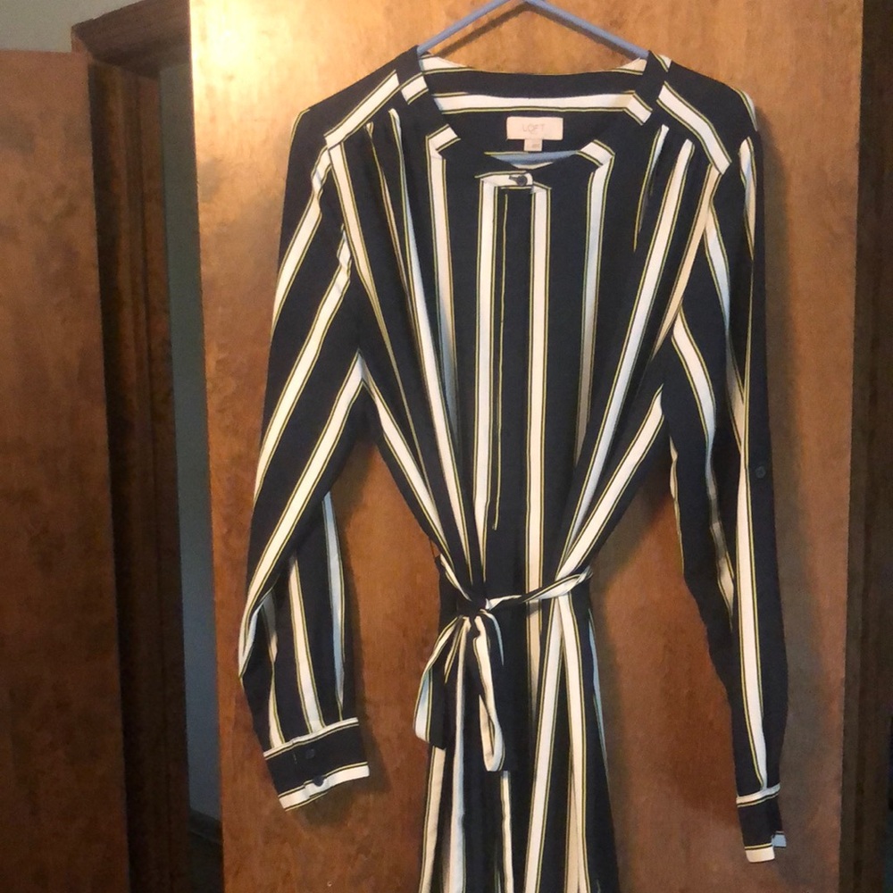 LOFT Black and White Long Sleeve Cuffed Shirt Dress